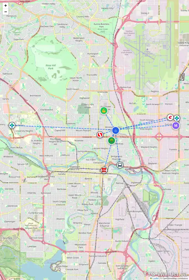 Daily accessibility map for 816 20A AV NE, Calgary showing nearby schools, grocery stores, parks, LRT stations and nearby amenities