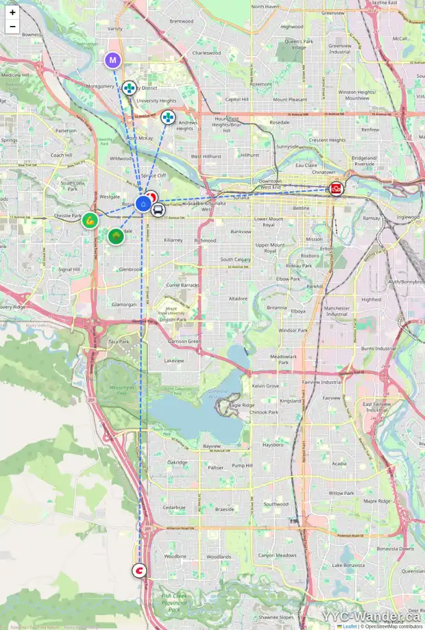Daily accessibility map for 3933 12 AV SW, Calgary showing nearby schools, grocery stores, parks, LRT stations and nearby amenities