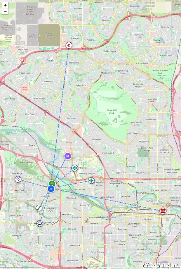 Daily accessibility map for 8 PROMINENCE PA SW, Calgary showing nearby schools, grocery stores, parks, LRT stations and nearby amenities