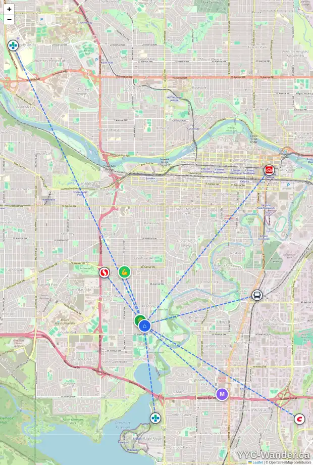Daily accessibility map for 1728 48 AV SW, Calgary showing nearby schools, grocery stores, parks, LRT stations and nearby amenities