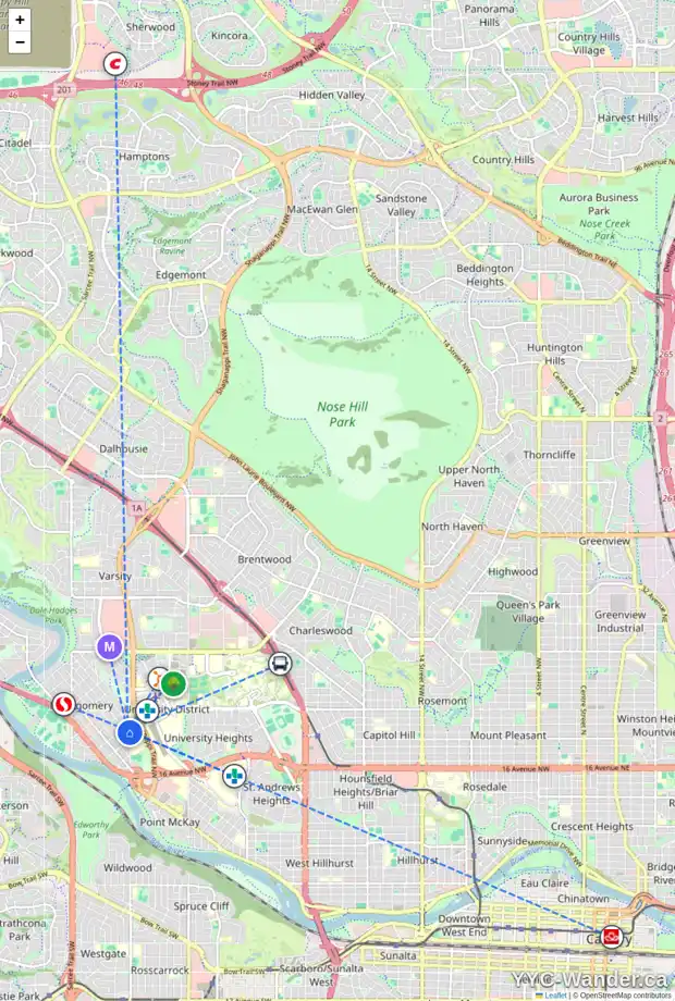 Daily accessibility map for 4428 21 AV NW, Calgary showing nearby schools, grocery stores, parks, LRT stations and nearby amenities