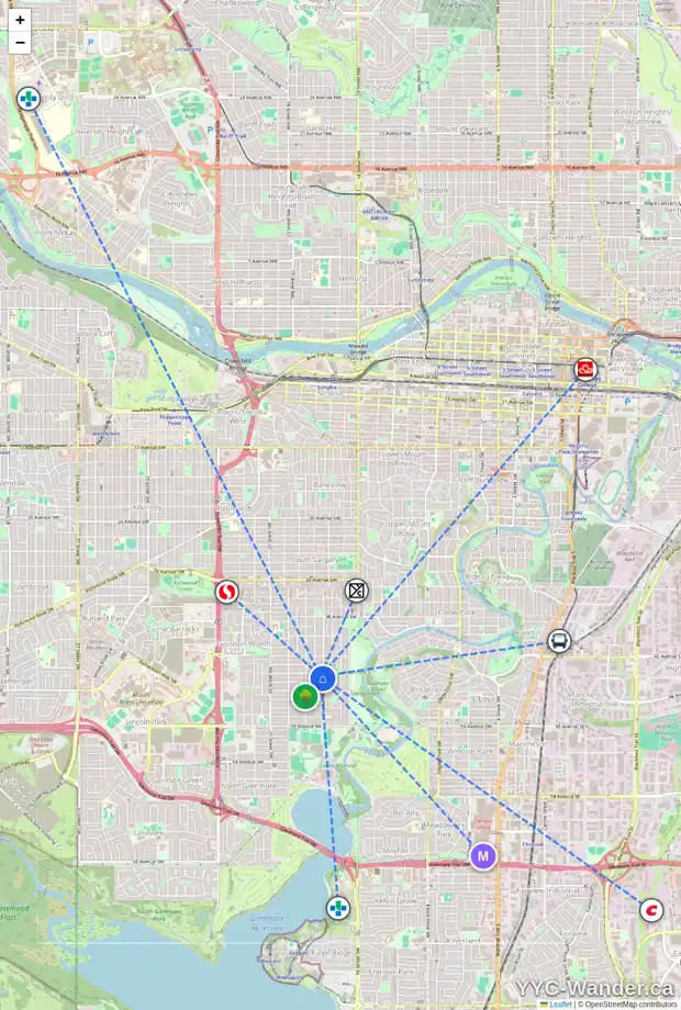 Daily accessibility map for 4507 16 ST SW, Calgary showing nearby schools, grocery stores, parks, LRT stations and nearby amenities