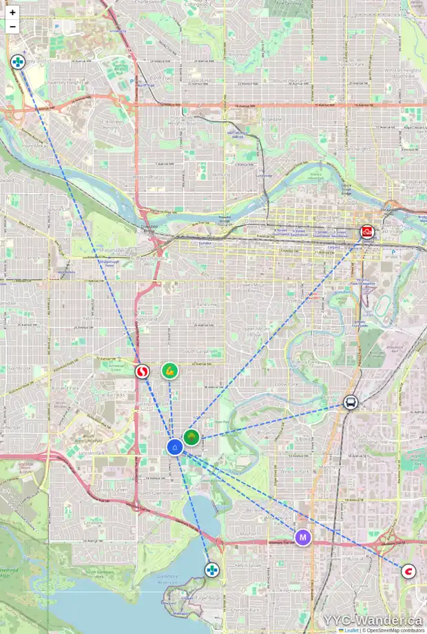Daily accessibility map for 2033 48 AV SW, Calgary showing nearby schools, grocery stores, parks, LRT stations and nearby amenities