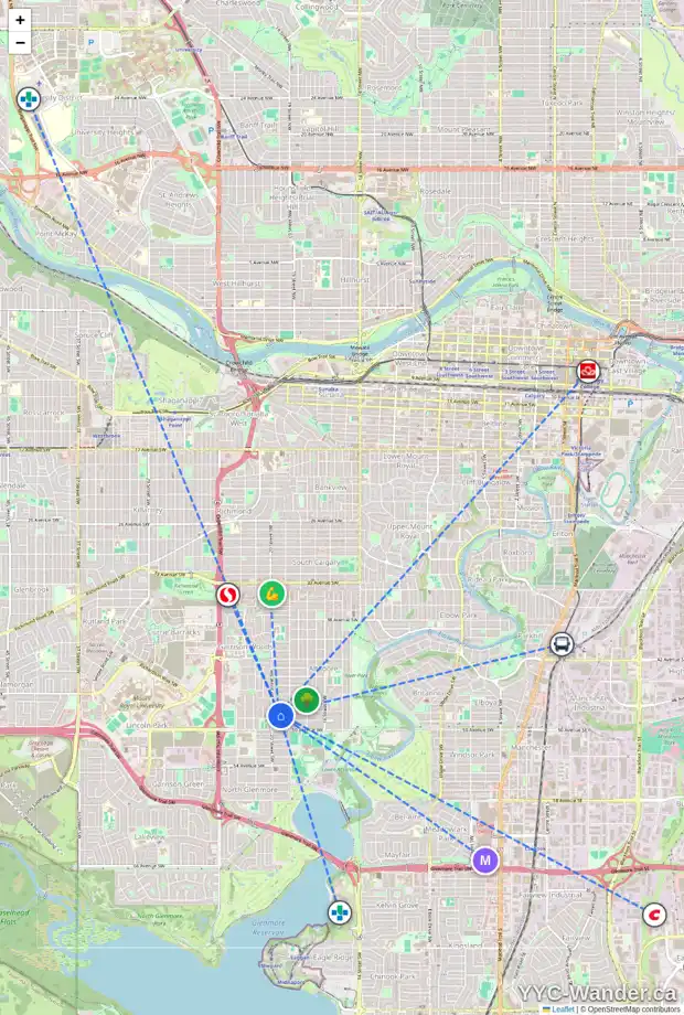 Daily accessibility map for 2031 48 AV SW, Calgary showing nearby schools, grocery stores, parks, LRT stations and nearby amenities