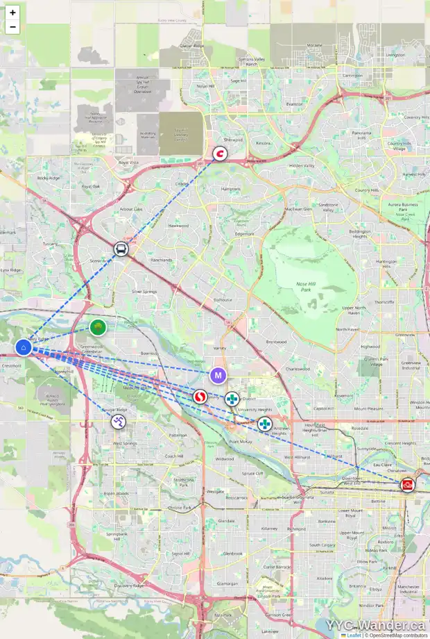 Daily accessibility map for 29 VALLEY CREEK RD NW, Calgary showing nearby schools, grocery stores, parks, LRT stations and nearby amenities