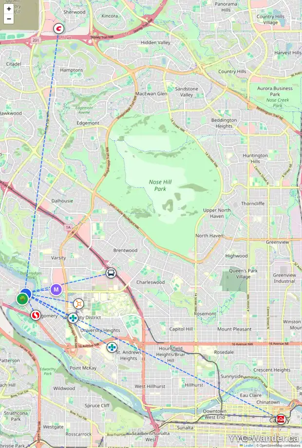 Daily accessibility map for 5847 BOW CR NW, Calgary showing nearby schools, grocery stores, parks, LRT stations and nearby amenities