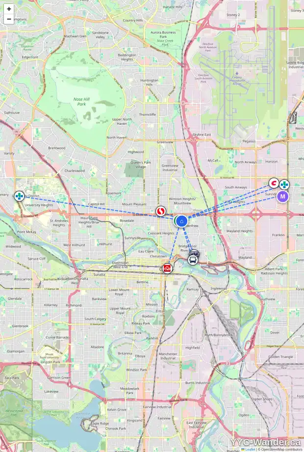 Daily accessibility map for 637 14 AV NE, Calgary showing nearby schools, grocery stores, parks, LRT stations and nearby amenities
