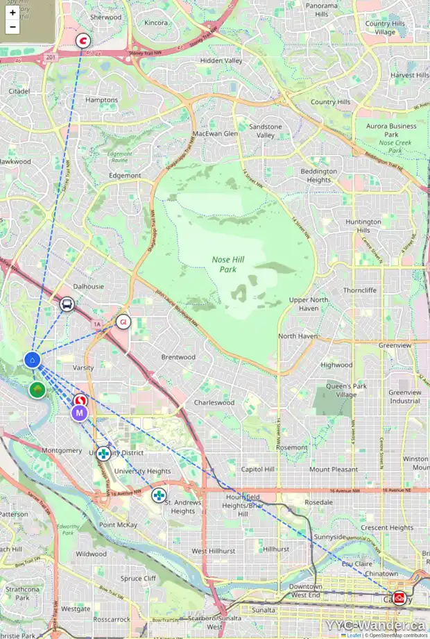 Daily accessibility map for 20 VARSITY PL NW, Calgary showing nearby schools, grocery stores, parks, LRT stations and nearby amenities