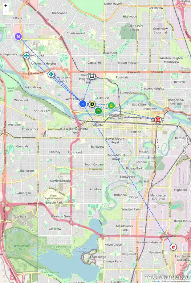 Daily accessibility map for 108 21 ST NW, Calgary showing nearby schools, grocery stores, parks, LRT stations and nearby amenities