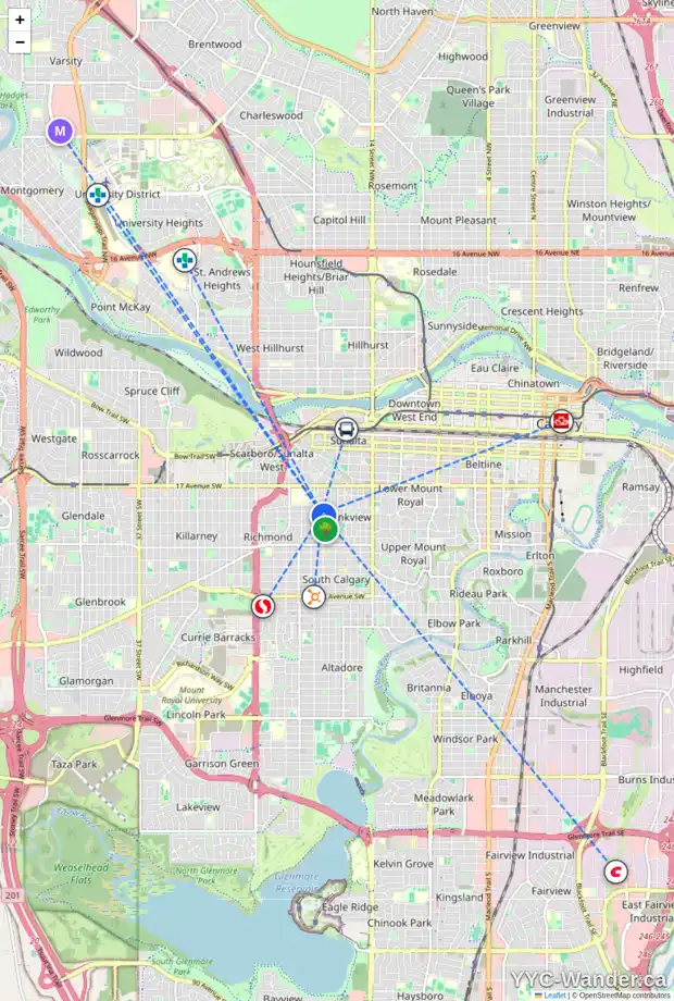 Daily accessibility map for 1825 22 AV SW, Calgary showing nearby schools, grocery stores, parks, LRT stations and nearby amenities