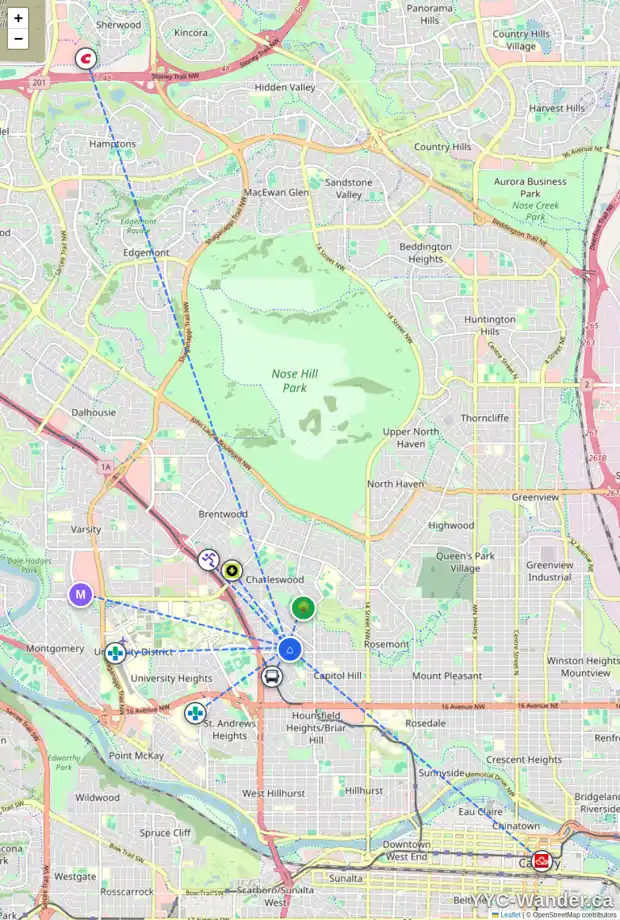 Daily accessibility map for 2229 25 AV NW, Calgary showing nearby schools, grocery stores, parks, LRT stations and nearby amenities