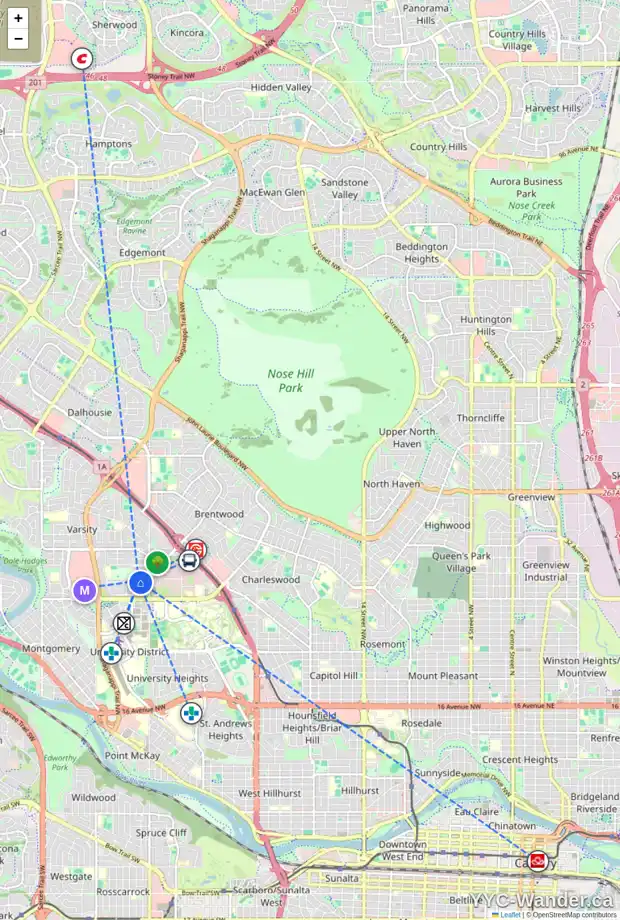Daily accessibility map for 3507 VARAL RD NW, Calgary showing nearby schools, grocery stores, parks, LRT stations and nearby amenities