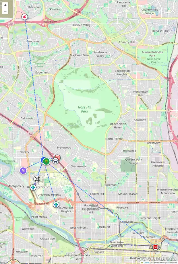 Daily accessibility map for 14 VARCREST PL NW, Calgary showing nearby schools, grocery stores, parks, LRT stations and nearby amenities