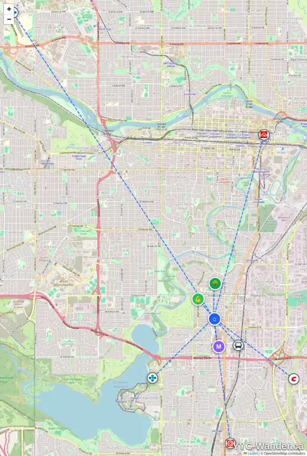 Daily accessibility map for 528 56 AV SW, Calgary showing nearby schools, grocery stores, parks, LRT stations and nearby amenities
