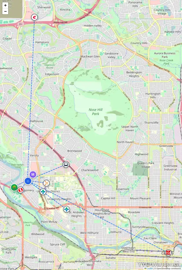 Daily accessibility map for 5033 23 AV NW, Calgary showing nearby schools, grocery stores, parks, LRT stations and nearby amenities