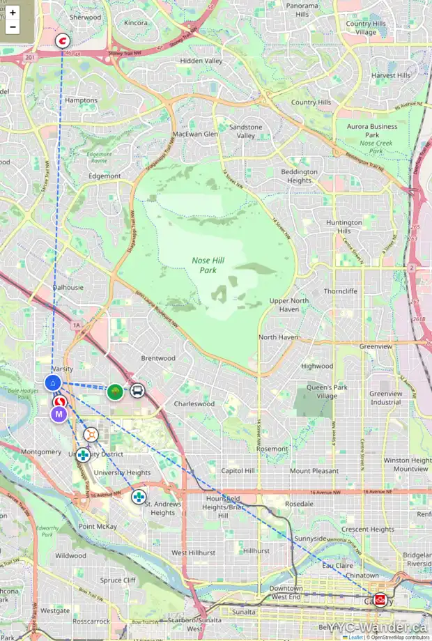 Daily accessibility map for 5012 40 AV NW, Calgary showing nearby schools, grocery stores, parks, LRT stations and nearby amenities
