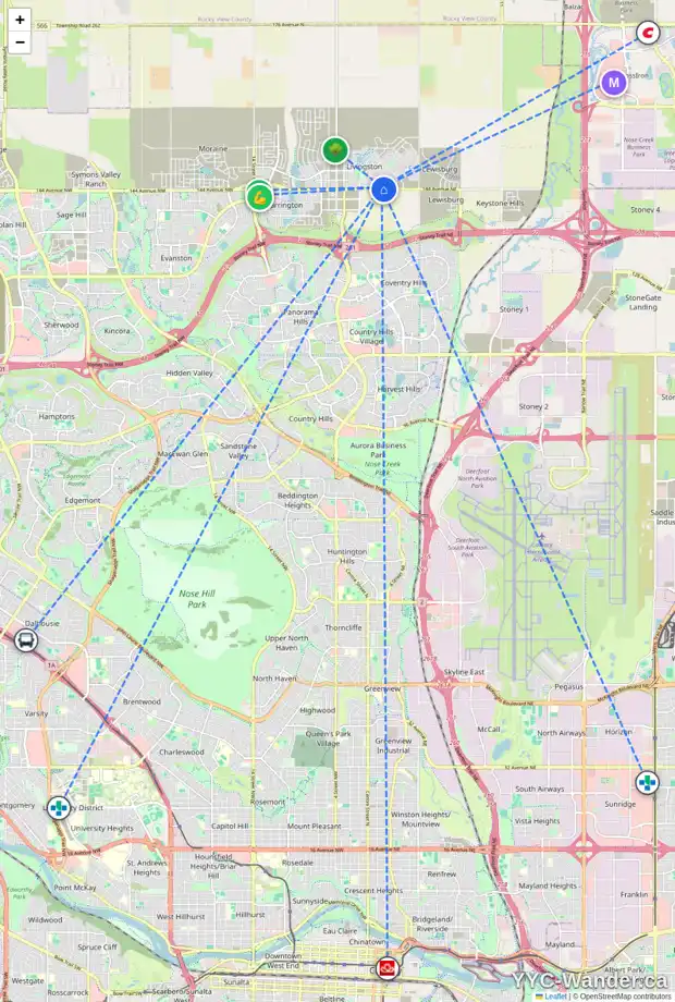 Daily accessibility map for 16 HOWSE RI NE, Calgary showing nearby schools, grocery stores, parks, LRT stations and nearby amenities