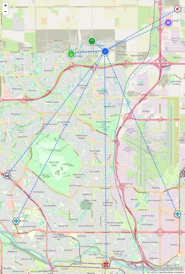 Daily accessibility map for 32 HOWSE RI NE, Calgary showing nearby schools, grocery stores, parks, LRT stations and nearby amenities