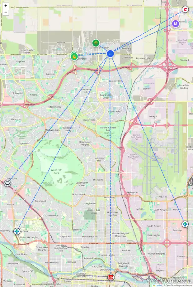 Daily accessibility map for 36 HOWSE CR NE, Calgary showing nearby schools, grocery stores, parks, LRT stations and nearby amenities
