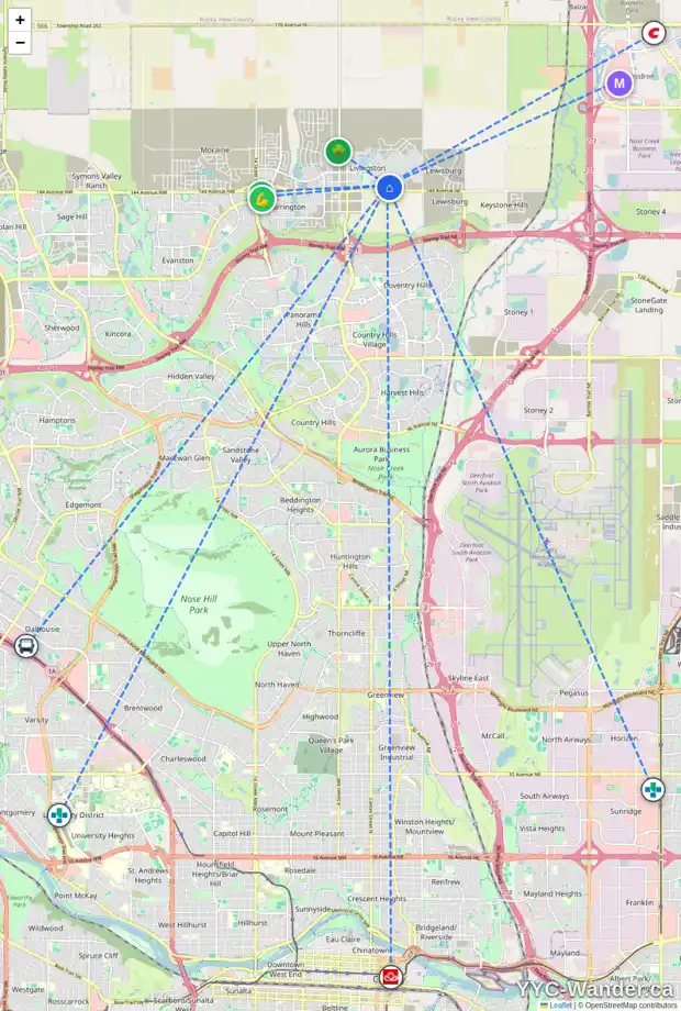Daily accessibility map for 28 HOWSE CR NE, Calgary showing nearby schools, grocery stores, parks, LRT stations and nearby amenities