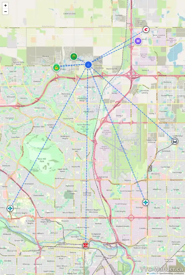 Daily accessibility map for 180 HOWSE CR NE, Calgary showing nearby schools, grocery stores, parks, LRT stations and nearby amenities