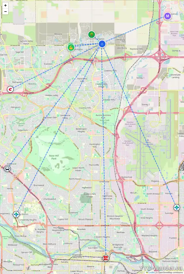 Daily accessibility map for 933 LIVINGSTON WY NE, Calgary showing nearby schools, grocery stores, parks, LRT stations and nearby amenities