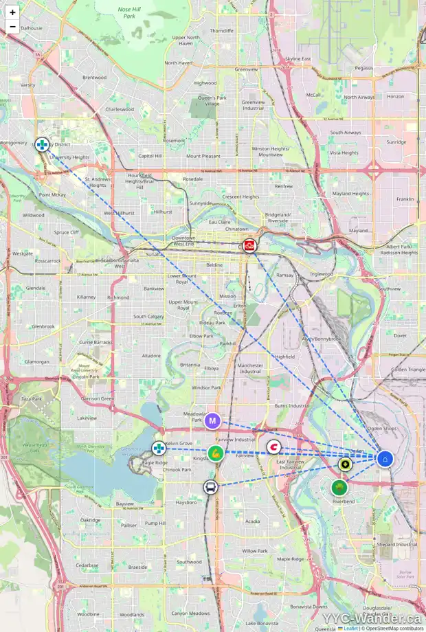 Daily accessibility map for 7416 26A ST SE, Calgary showing nearby schools, grocery stores, parks, LRT stations and nearby amenities