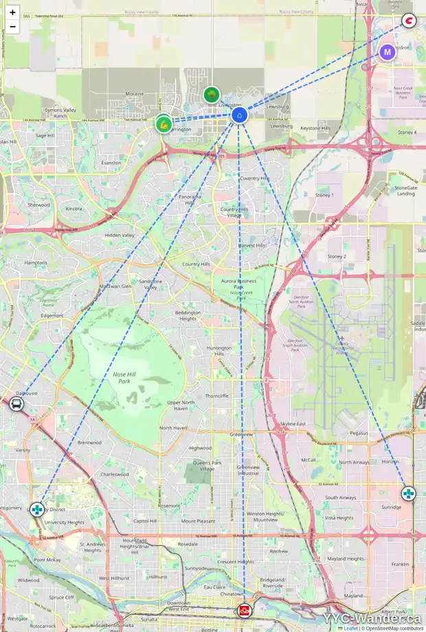 Daily accessibility map for 866 LIVINGSTON WY NE, Calgary showing nearby schools, grocery stores, parks, LRT stations and nearby amenities