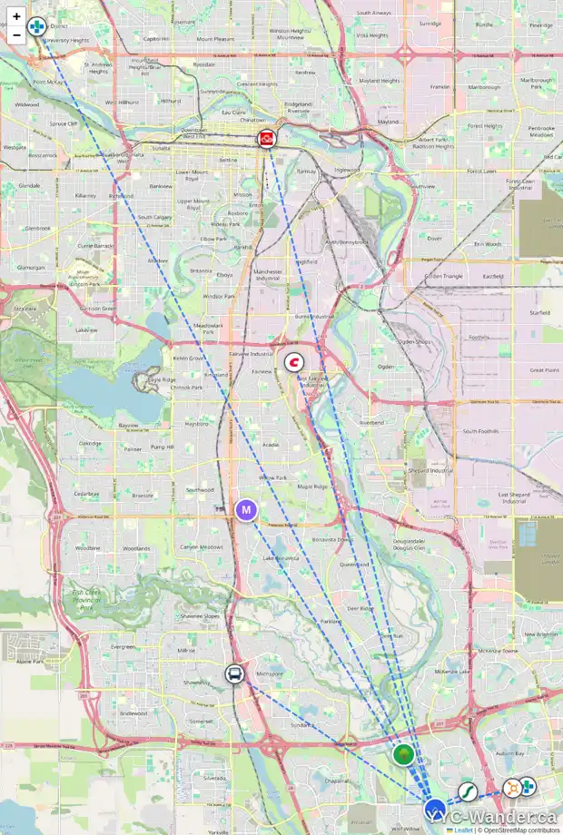 Daily accessibility map for 256 CRANBROOK PT SE, Calgary showing nearby schools, grocery stores, parks, LRT stations and nearby amenities