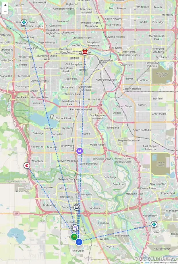 Daily accessibility map for 512 BELMONT HE SW, Calgary showing nearby schools, grocery stores, parks, LRT stations and nearby amenities