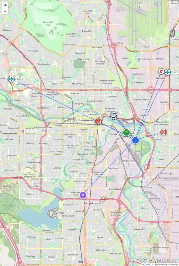 Daily accessibility map for 20 914 20 ST SE, Calgary showing nearby schools, grocery stores, parks, LRT stations and nearby amenities