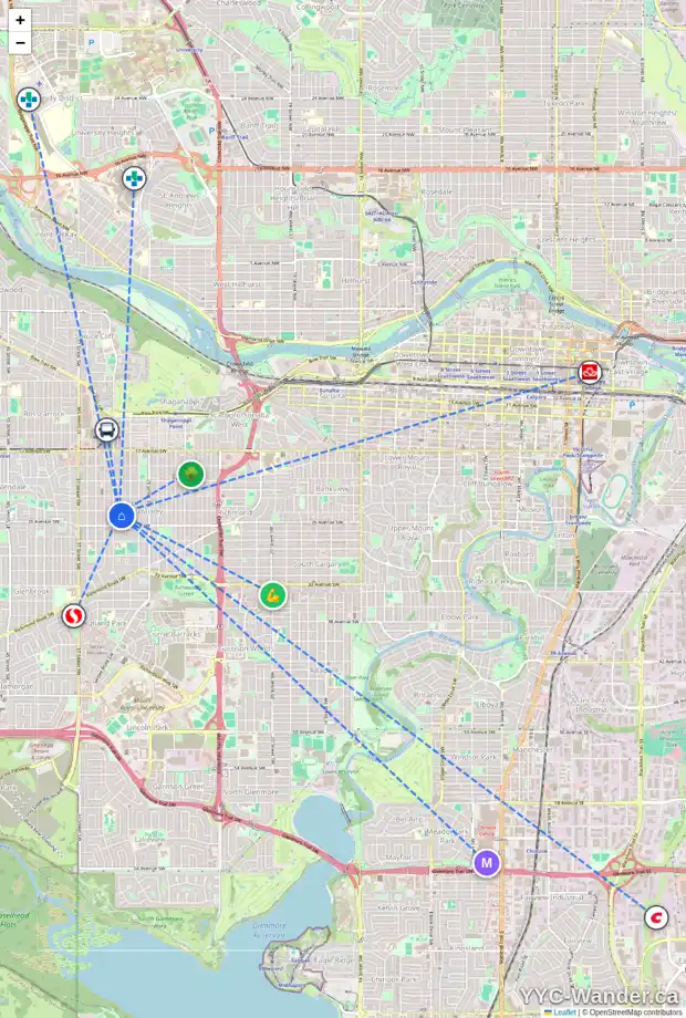 Daily accessibility map for 2605 32 ST SW, Calgary showing nearby schools, grocery stores, parks, LRT stations and nearby amenities
