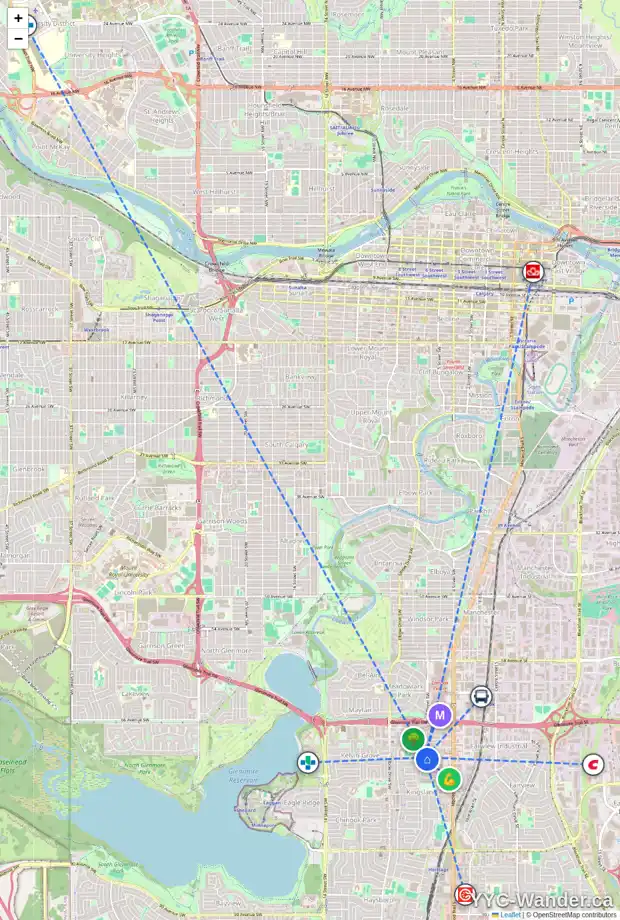 Daily accessibility map for 639 KINGSMERE CR SW, Calgary showing nearby schools, grocery stores, parks, LRT stations and nearby amenities