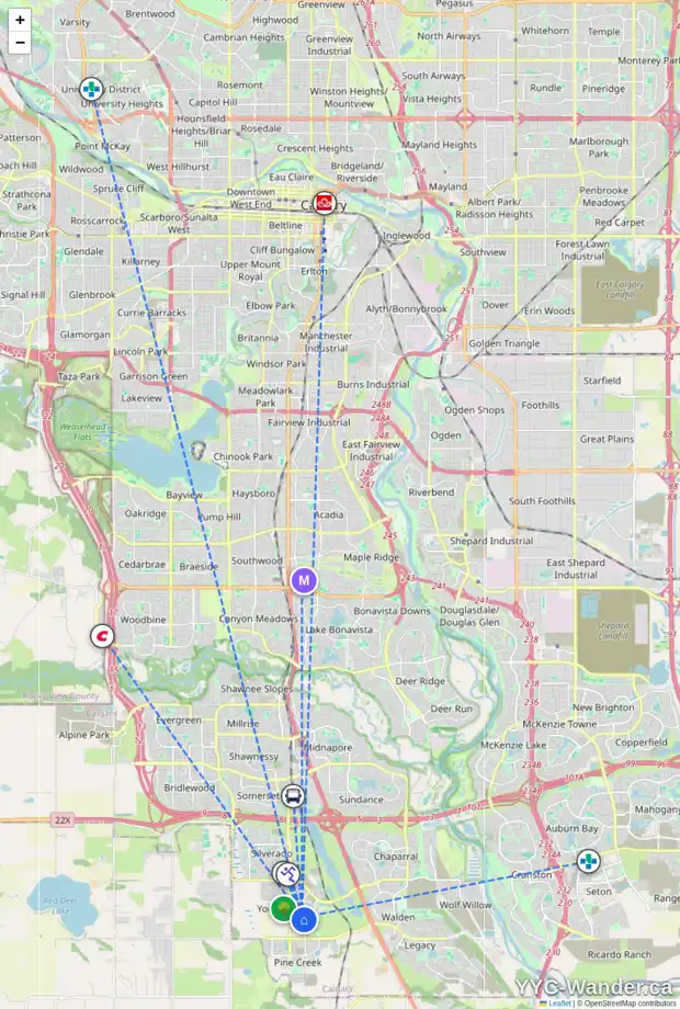 Daily accessibility map for 22 BELMONT CM SW, Calgary showing nearby schools, grocery stores, parks, LRT stations and nearby amenities