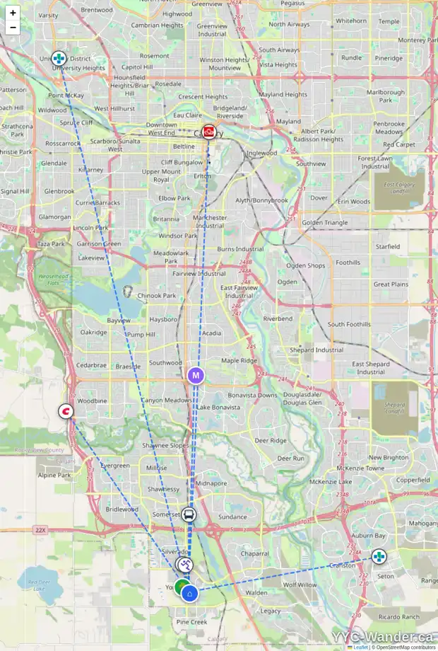 Daily accessibility map for 210 BELMONT HE SW, Calgary showing nearby schools, grocery stores, parks, LRT stations and nearby amenities