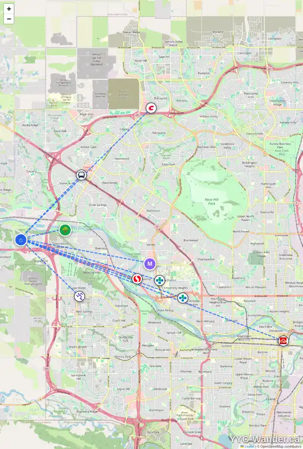 Daily accessibility map for 56 VALLEY RIDGE GR NW, Calgary showing nearby schools, grocery stores, parks, LRT stations and nearby amenities