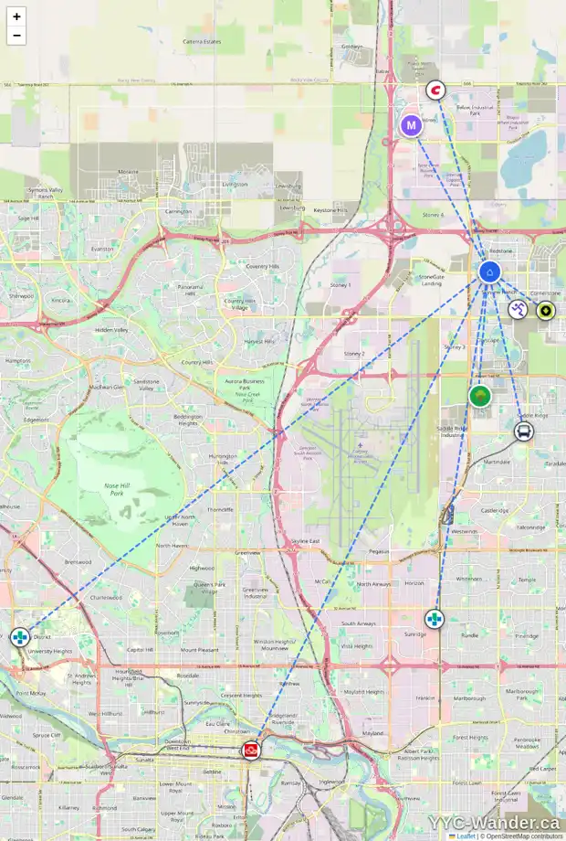 Daily accessibility map for 304 REDSTONE CR NE, Calgary showing nearby schools, grocery stores, parks, LRT stations and nearby amenities