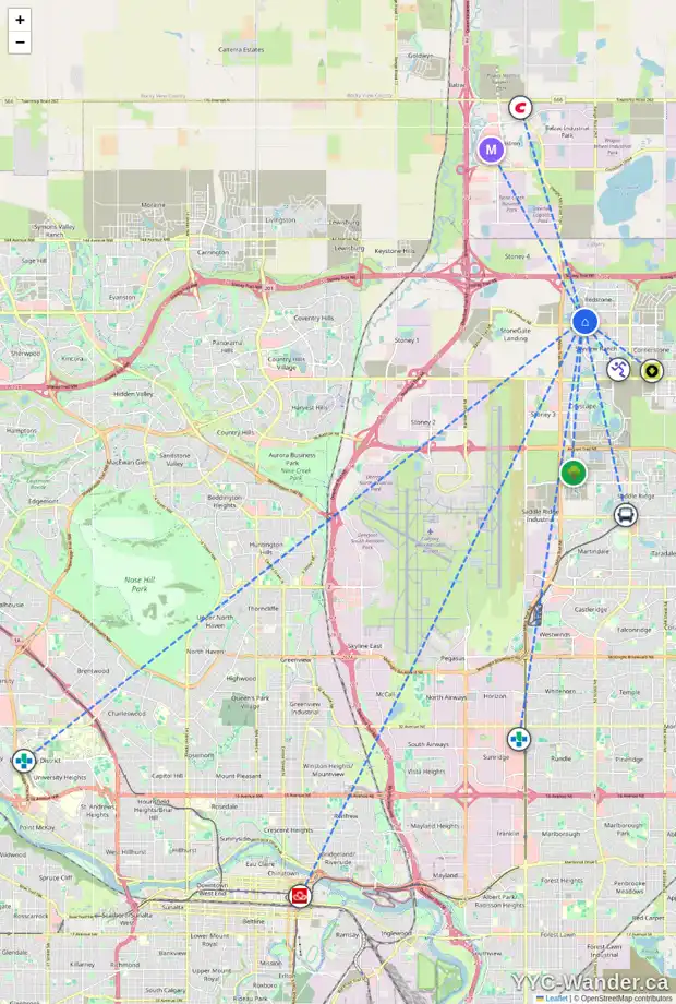Daily accessibility map for 15 REDSTONE WY NE, Calgary showing nearby schools, grocery stores, parks, LRT stations and nearby amenities