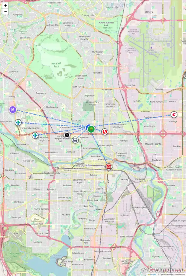 Daily accessibility map for 721 21 AV NW, Calgary showing nearby schools, grocery stores, parks, LRT stations and nearby amenities