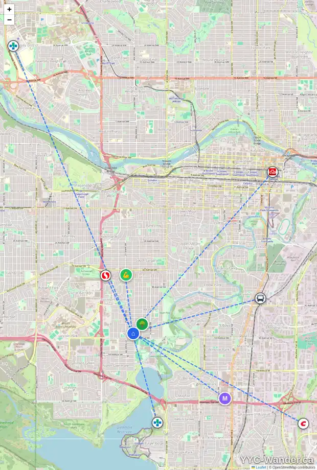 Daily accessibility map for 2012 49 AV SW, Calgary showing nearby schools, grocery stores, parks, LRT stations and nearby amenities