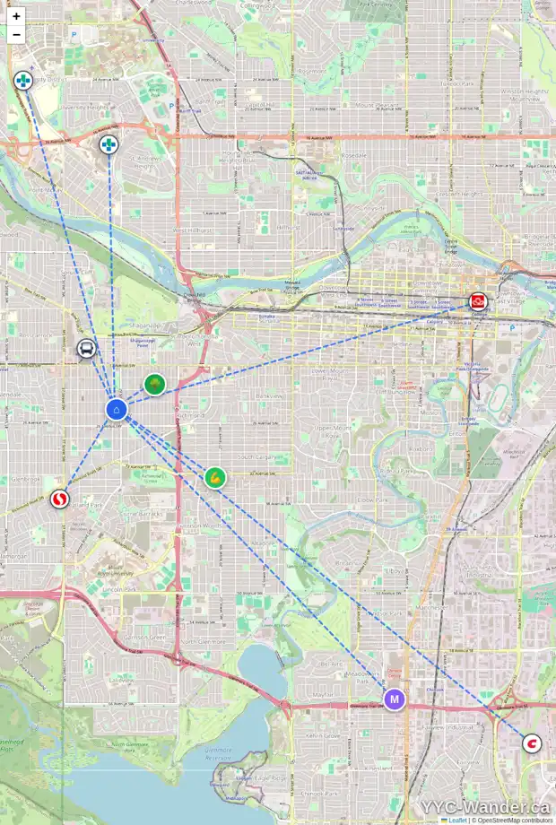 Daily accessibility map for 4 2420 30 ST SW, Calgary showing nearby schools, grocery stores, parks, LRT stations and nearby amenities