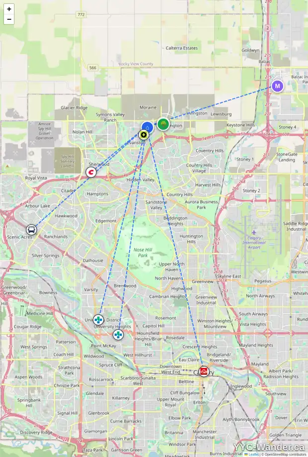 Daily accessibility map for 304 15 EVANSCREST PA NW, Calgary showing nearby schools, grocery stores, parks, LRT stations and nearby amenities