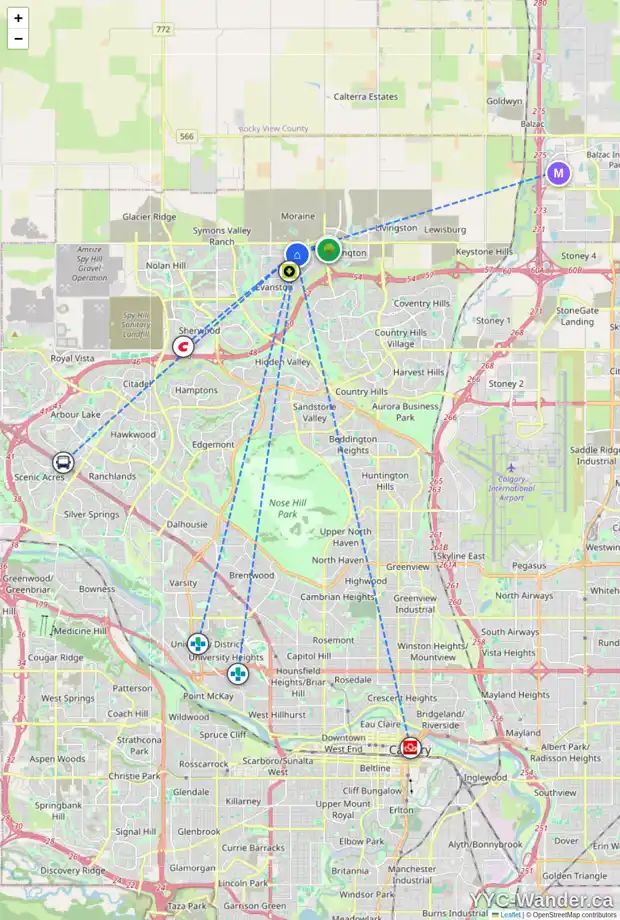 Daily accessibility map for 23 EVANSCREST PA NW, Calgary showing nearby schools, grocery stores, parks, LRT stations and nearby amenities