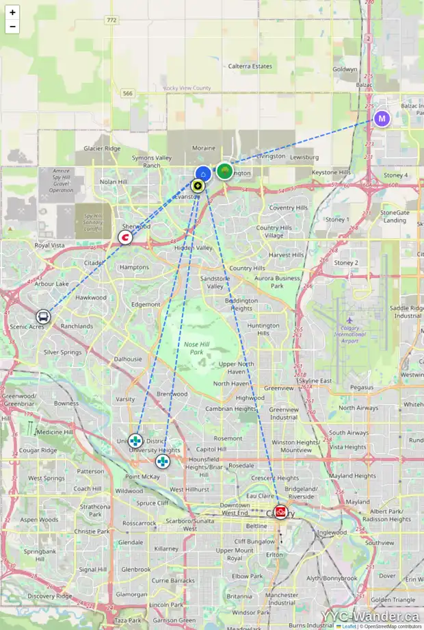 Daily accessibility map for 29 EVANSCREST PA NW, Calgary showing nearby schools, grocery stores, parks, LRT stations and nearby amenities