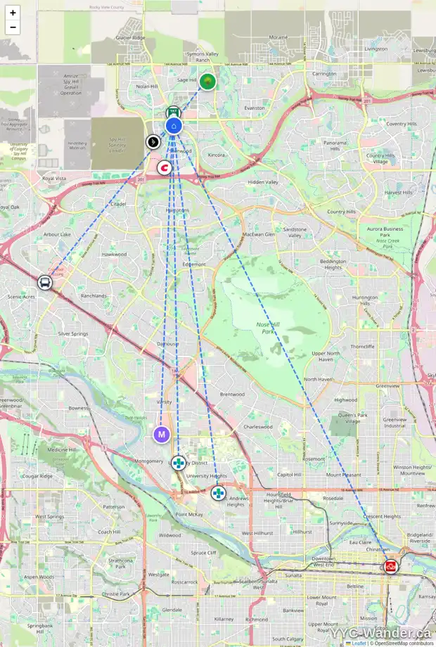 Daily accessibility map for 111 214 SHERWOOD SQ NW, Calgary showing nearby schools, grocery stores, parks, LRT stations and nearby amenities