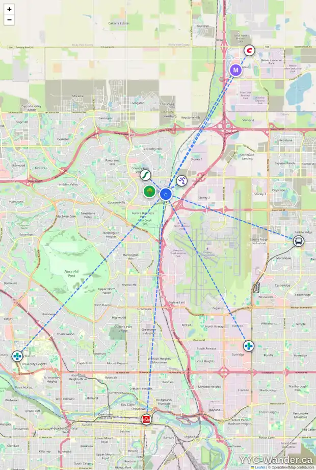 Daily accessibility map for 55 HARVEST GROVE CM NE, Calgary showing nearby schools, grocery stores, parks, LRT stations and nearby amenities