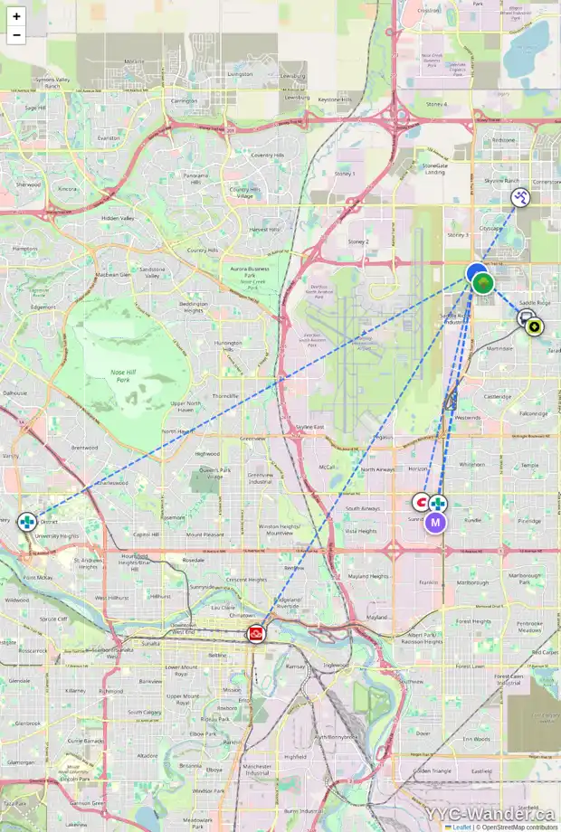 Daily accessibility map for 155 SAVANNA WY NE, Calgary showing nearby schools, grocery stores, parks, LRT stations and nearby amenities