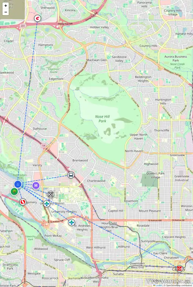 Daily accessibility map for 5914 BOWWATER CR NW, Calgary showing nearby schools, grocery stores, parks, LRT stations and nearby amenities