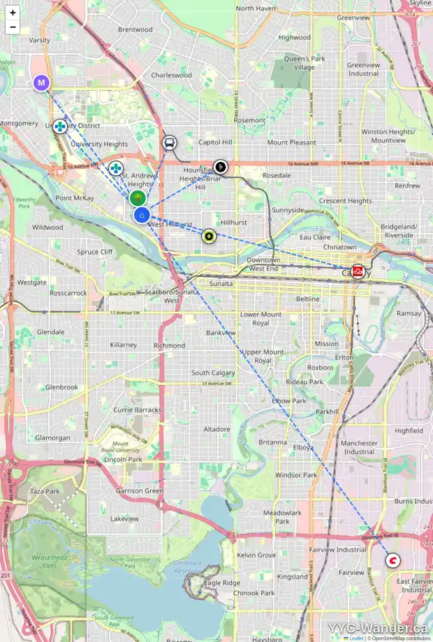 Daily accessibility map for 2728 5 AV NW, Calgary showing nearby schools, grocery stores, parks, LRT stations and nearby amenities