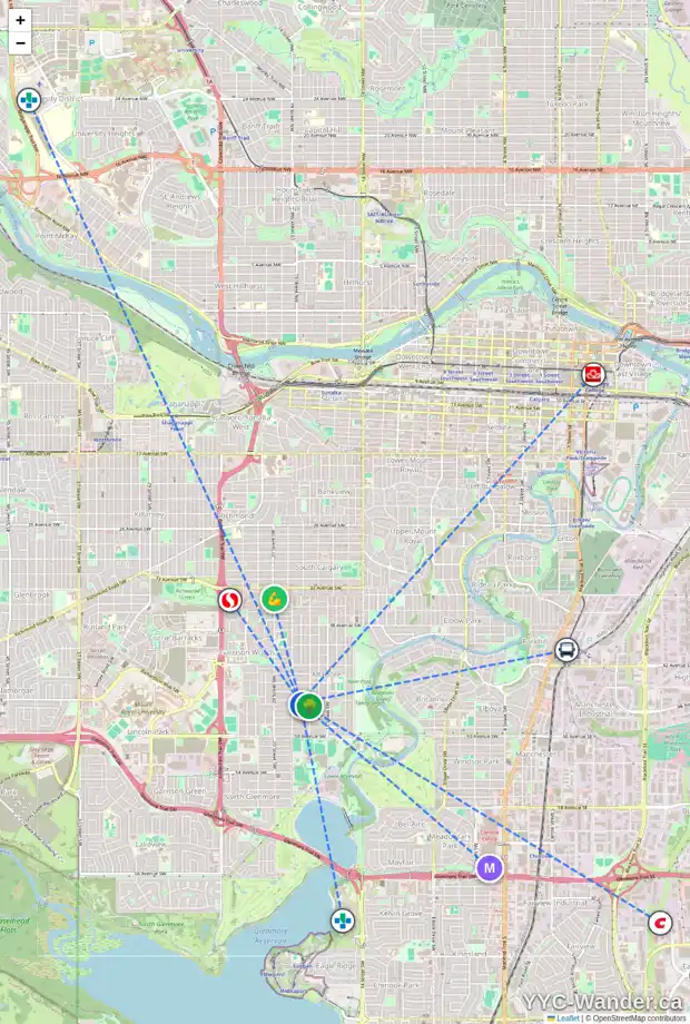 Daily accessibility map for 1925 46 AV SW, Calgary showing nearby schools, grocery stores, parks, LRT stations and nearby amenities